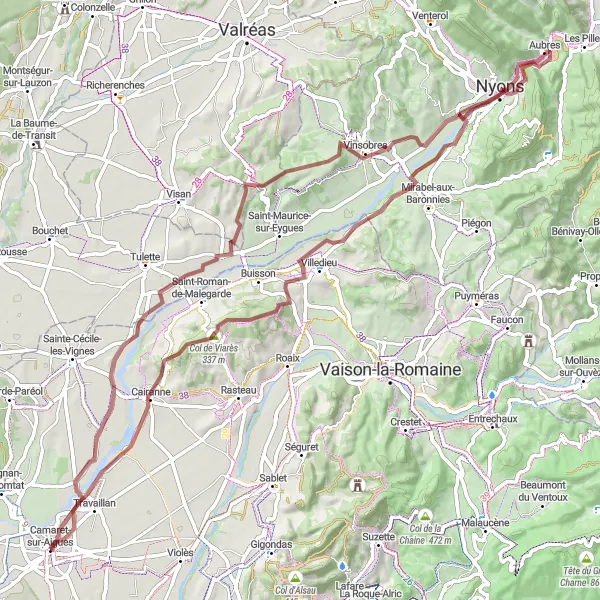 Miniaturní mapa "Gravel rozhlednice okolo Camaret-sur-Aigues" inspirace pro cyklisty v oblasti Provence-Alpes-Côte d’Azur, France. Vytvořeno pomocí plánovače tras Tarmacs.app