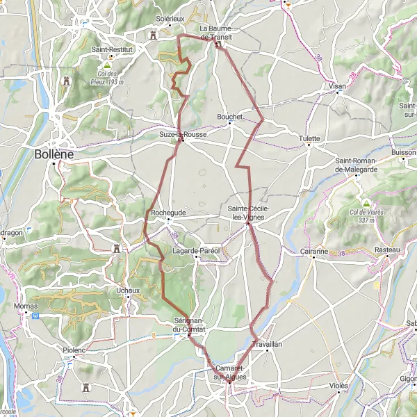 Mapa miniatúra "Gravel cyklotrasa okolo Camaret-sur-Aigues" cyklistická inšpirácia v Provence-Alpes-Côte d’Azur, France. Vygenerované cyklistickým plánovačom trás Tarmacs.app