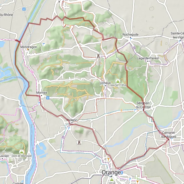 Miniaturní mapa "Gravelový okruh přes Belvédère des amis de la colline" inspirace pro cyklisty v oblasti Provence-Alpes-Côte d’Azur, France. Vytvořeno pomocí plánovače tras Tarmacs.app