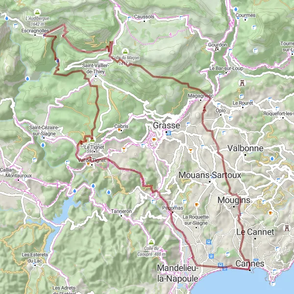 Map miniature of "Gravel Challenge: Exploring the Hills near Cannes" cycling inspiration in Provence-Alpes-Côte d’Azur, France. Generated by Tarmacs.app cycling route planner