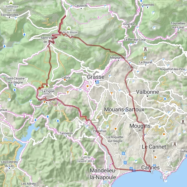 Map miniature of "Gravel Adventure near Cannes" cycling inspiration in Provence-Alpes-Côte d’Azur, France. Generated by Tarmacs.app cycling route planner