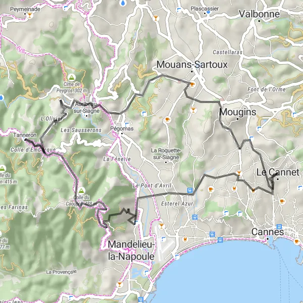 Miniatua del mapa de inspiración ciclista "Ruta El Ranchito - Tanneron - Mougins" en Provence-Alpes-Côte d’Azur, France. Generado por Tarmacs.app planificador de rutas ciclistas