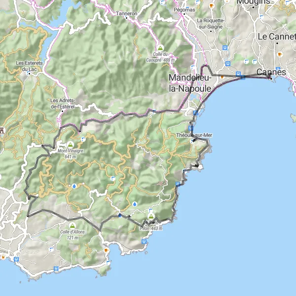 Mapa miniatúra "Cestování po silnici kolem Cannes" cyklistická inšpirácia v Provence-Alpes-Côte d’Azur, France. Vygenerované cyklistickým plánovačom trás Tarmacs.app