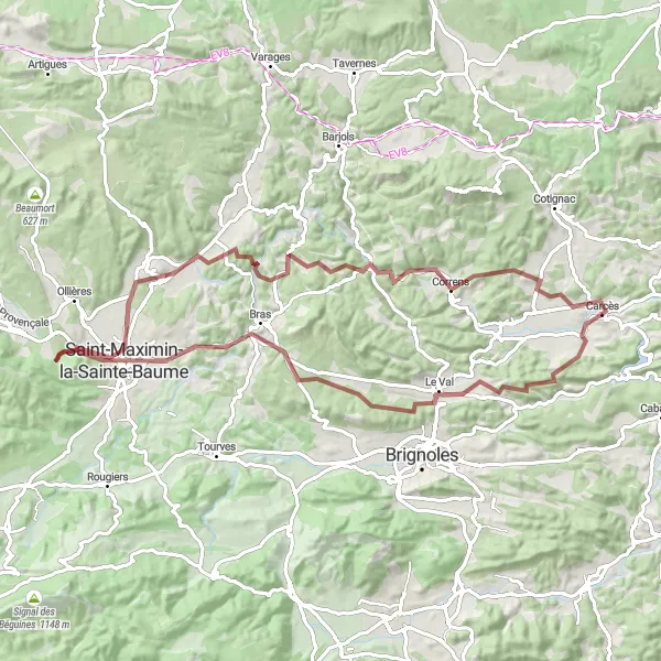 Miniaturní mapa "Gravelová trasa kolem Vins-sur-Caramy" inspirace pro cyklisty v oblasti Provence-Alpes-Côte d’Azur, France. Vytvořeno pomocí plánovače tras Tarmacs.app