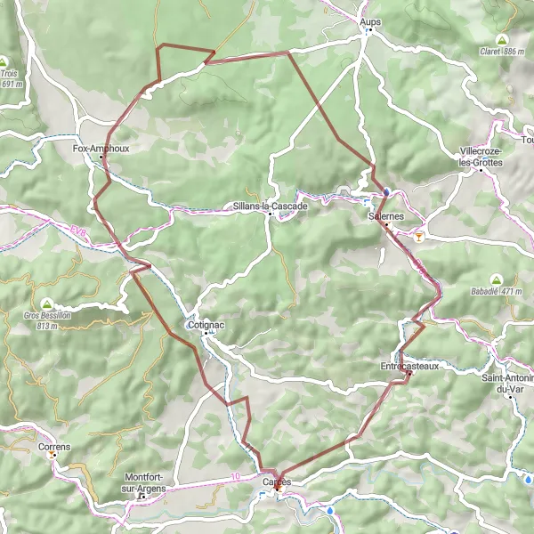 Kartminiatyr av "Oppdag sjarmerende Cotignac på grusvei" sykkelinspirasjon i Provence-Alpes-Côte d’Azur, France. Generert av Tarmacs.app sykkelrutoplanlegger