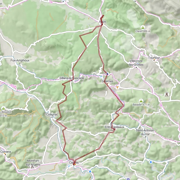 Karttaminiaatyyri "Metsäpolut ja vesiputoukset kiertäen" pyöräilyinspiraatiosta alueella Provence-Alpes-Côte d’Azur, France. Luotu Tarmacs.app pyöräilyreittisuunnittelijalla