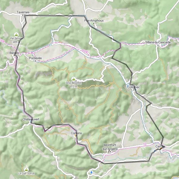 Mapa miniatúra "Okolo Carcès cez Correns a Cotignac" cyklistická inšpirácia v Provence-Alpes-Côte d’Azur, France. Vygenerované cyklistickým plánovačom trás Tarmacs.app