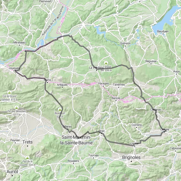 Miniaturní mapa "Road trasa kolem Rians" inspirace pro cyklisty v oblasti Provence-Alpes-Côte d’Azur, France. Vytvořeno pomocí plánovače tras Tarmacs.app