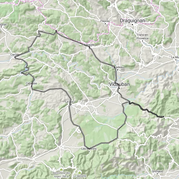 Kartminiatyr av "Veitur gjennom Taradeau" sykkelinspirasjon i Provence-Alpes-Côte d’Azur, France. Generert av Tarmacs.app sykkelrutoplanlegger