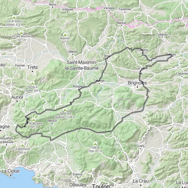 Miniatuurkaart van de fietsinspiratie "Uitdagende Weg Route van Carcès naar Montfort-sur-Argens" in Provence-Alpes-Côte d’Azur, France. Gemaakt door de Tarmacs.app fietsrouteplanner