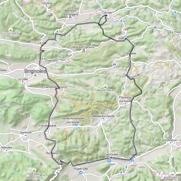 Mapa miniatúra "Cabasse - Rocbaron cycling loop" cyklistická inšpirácia v Provence-Alpes-Côte d’Azur, France. Vygenerované cyklistickým plánovačom trás Tarmacs.app