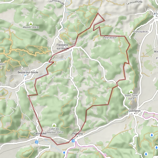 Zemljevid v pomanjšavi "Sproščujoča gravel pot okoli Carnoules" kolesarske inspiracije v Provence-Alpes-Côte d’Azur, France. Generirano z načrtovalcem kolesarskih poti Tarmacs.app