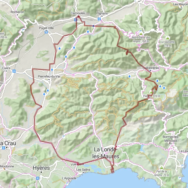 Kartminiatyr av "Äventyrlig cykling runt Carnoules" cykelinspiration i Provence-Alpes-Côte d’Azur, France. Genererad av Tarmacs.app cykelruttplanerare