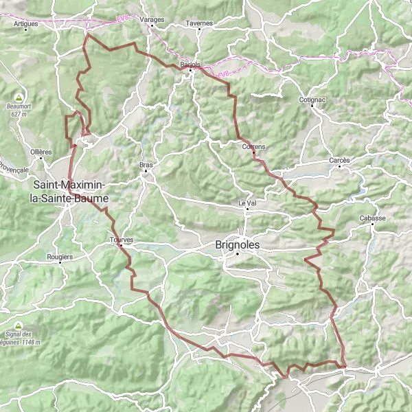 Miniature de la carte de l'inspiration cycliste "Challenge Gravel: Les Montagnes Varoises" dans la Provence-Alpes-Côte d’Azur, France. Générée par le planificateur d'itinéraire cycliste Tarmacs.app