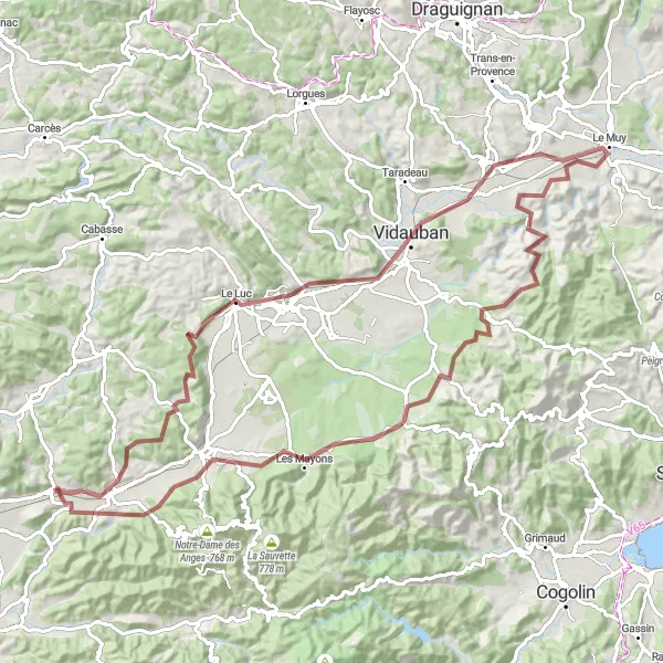 Miniaturní mapa "Gravel Tour de Carnoules" inspirace pro cyklisty v oblasti Provence-Alpes-Côte d’Azur, France. Vytvořeno pomocí plánovače tras Tarmacs.app