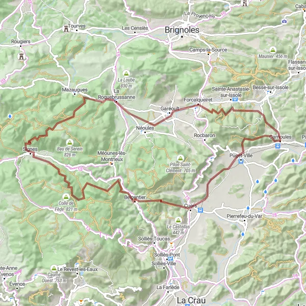Miniaturní mapa "Kamenitý okruh kolem Carnoules" inspirace pro cyklisty v oblasti Provence-Alpes-Côte d’Azur, France. Vytvořeno pomocí plánovače tras Tarmacs.app
