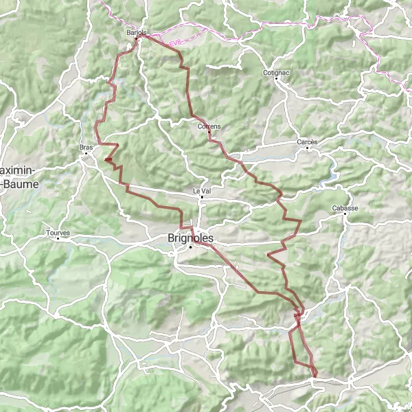 Kartminiatyr av "Offroad eventyr til Camps-la-Source og Château de Vins" sykkelinspirasjon i Provence-Alpes-Côte d’Azur, France. Generert av Tarmacs.app sykkelrutoplanlegger