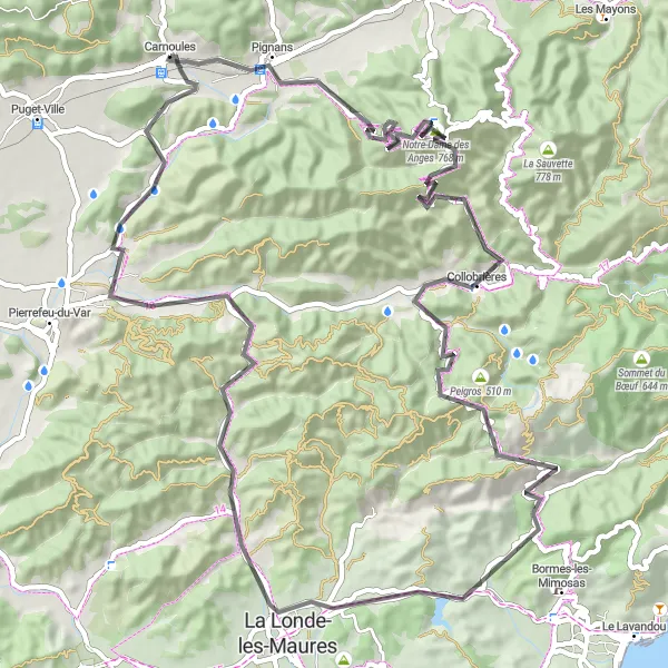 Map miniature of "Road Cycling Route from Carnoules" cycling inspiration in Provence-Alpes-Côte d’Azur, France. Generated by Tarmacs.app cycling route planner