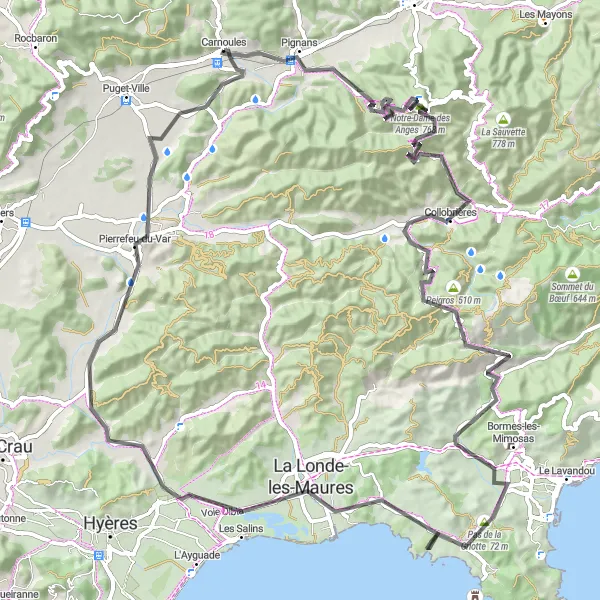 Kartminiatyr av "Varierad cykeltur från Carnoules" cykelinspiration i Provence-Alpes-Côte d’Azur, France. Genererad av Tarmacs.app cykelruttplanerare