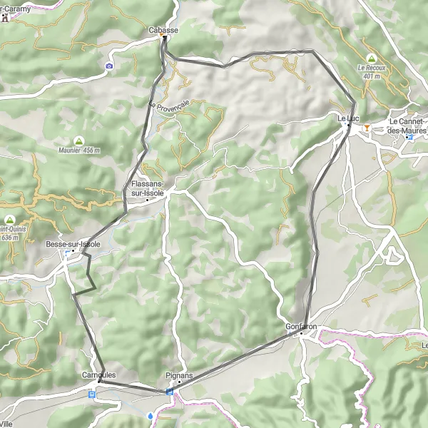 Kartminiatyr av "Sykkeltur til Besse-sur-Issole og La Longue du Bron" sykkelinspirasjon i Provence-Alpes-Côte d’Azur, France. Generert av Tarmacs.app sykkelrutoplanlegger