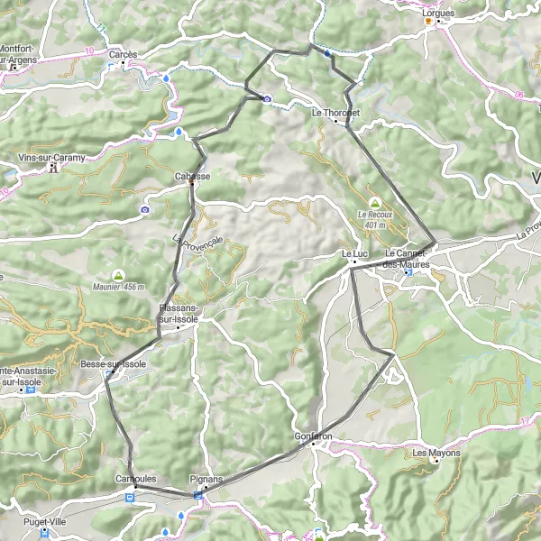 Miniatua del mapa de inspiración ciclista "Recorrido en carretera desde Besse-sur-Issole a Carnoules" en Provence-Alpes-Côte d’Azur, France. Generado por Tarmacs.app planificador de rutas ciclistas
