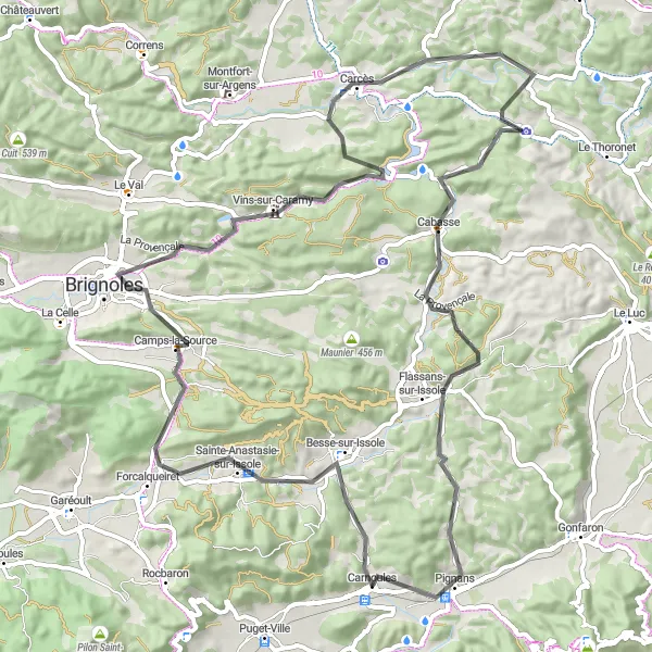 Mapa miniatúra "Cyklotúra okolo Carnoules (cestný typ)" cyklistická inšpirácia v Provence-Alpes-Côte d’Azur, France. Vygenerované cyklistickým plánovačom trás Tarmacs.app
