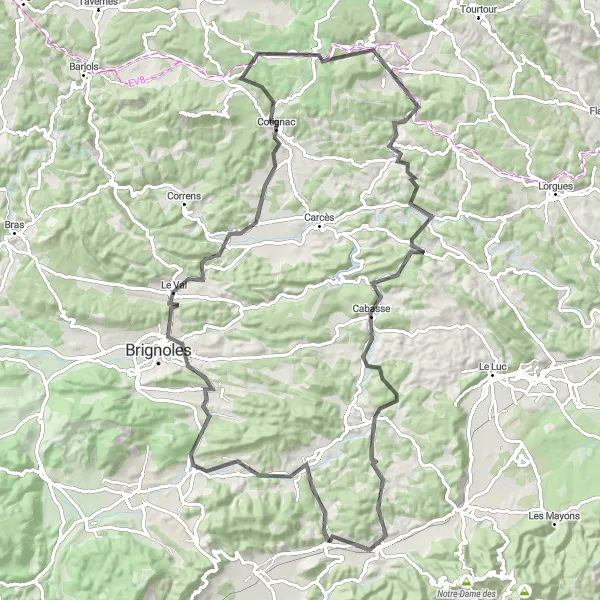 Kartminiatyr av "Landevei eventyr fra Carnoules til Collet des Amoureux" sykkelinspirasjon i Provence-Alpes-Côte d’Azur, France. Generert av Tarmacs.app sykkelrutoplanlegger