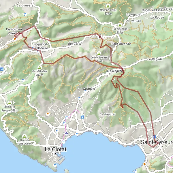 Miniature de la carte de l'inspiration cycliste "Les Collines de Roquefort-la-Bédoule" dans la Provence-Alpes-Côte d’Azur, France. Générée par le planificateur d'itinéraire cycliste Tarmacs.app