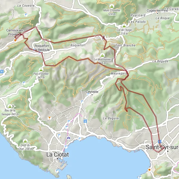 Karttaminiaatyyri "Seikkailureitti Roquefort-la-Bédoulesta Carnoux-en-Provenceen" pyöräilyinspiraatiosta alueella Provence-Alpes-Côte d’Azur, France. Luotu Tarmacs.app pyöräilyreittisuunnittelijalla