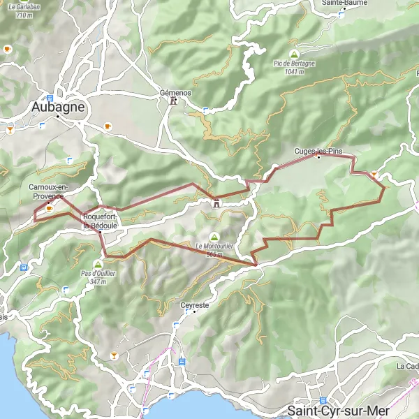 Miniatua del mapa de inspiración ciclista "Ruta de Grava de Carnoux-en-Provence a Roquefort-la-Bédoule" en Provence-Alpes-Côte d’Azur, France. Generado por Tarmacs.app planificador de rutas ciclistas
