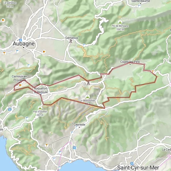 Karttaminiaatyyri "Kiehtova kierros Carnoux-en-Provencesta" pyöräilyinspiraatiosta alueella Provence-Alpes-Côte d’Azur, France. Luotu Tarmacs.app pyöräilyreittisuunnittelijalla