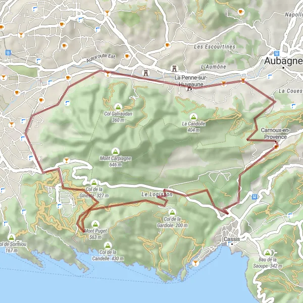 Zemljevid v pomanjšavi "Gravel Bike Route to Col de la Gardiole" kolesarske inspiracije v Provence-Alpes-Côte d’Azur, France. Generirano z načrtovalcem kolesarskih poti Tarmacs.app