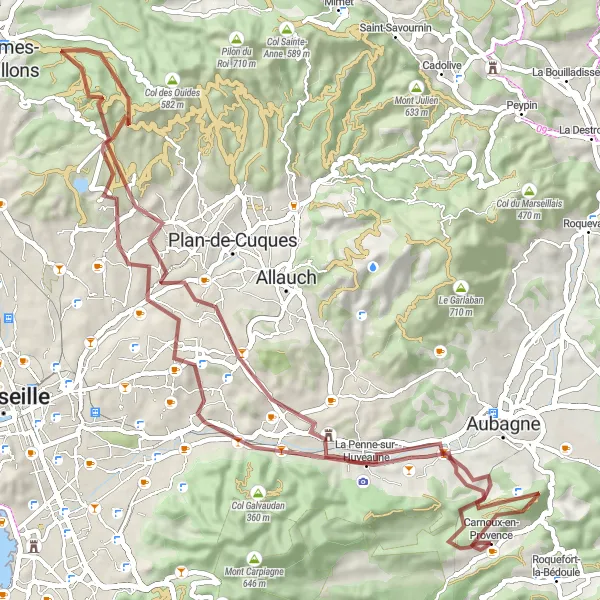 Miniaturní mapa "Gravel Route La Penne-sur-Huveaune - Château Saint-Antoine" inspirace pro cyklisty v oblasti Provence-Alpes-Côte d’Azur, France. Vytvořeno pomocí plánovače tras Tarmacs.app