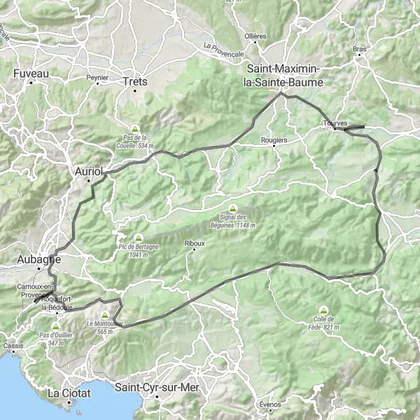 Miniaturní mapa "Okružní cyklistická trasa Provence" inspirace pro cyklisty v oblasti Provence-Alpes-Côte d’Azur, France. Vytvořeno pomocí plánovače tras Tarmacs.app