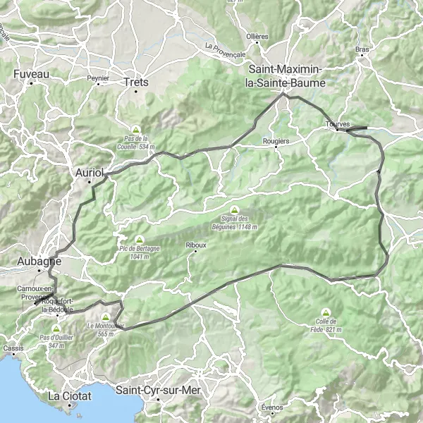 Miniatua del mapa de inspiración ciclista "Ruta de ciclismo en carretera desde Carnoux-en-Provence" en Provence-Alpes-Côte d’Azur, France. Generado por Tarmacs.app planificador de rutas ciclistas