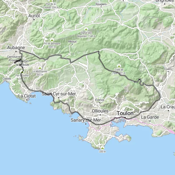 Map miniature of "Mountains and Coastline" cycling inspiration in Provence-Alpes-Côte d’Azur, France. Generated by Tarmacs.app cycling route planner