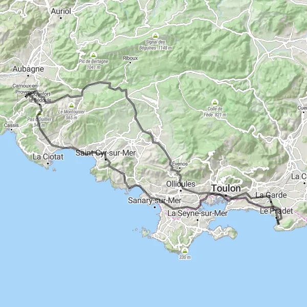 Zemljevid v pomanjšavi "Potepanje po gričevnati pokrajini okoli Carnoux-en-Provence" kolesarske inspiracije v Provence-Alpes-Côte d’Azur, France. Generirano z načrtovalcem kolesarskih poti Tarmacs.app