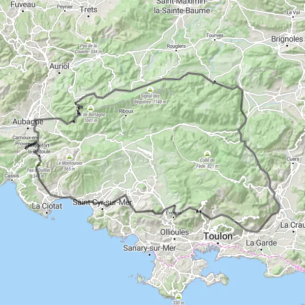 Map miniature of "Ste-Baume Adventure" cycling inspiration in Provence-Alpes-Côte d’Azur, France. Generated by Tarmacs.app cycling route planner