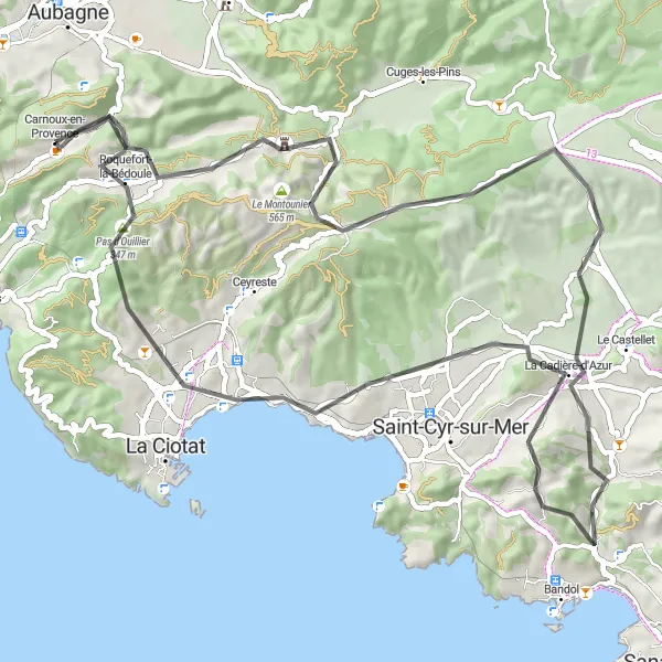 Miniature de la carte de l'inspiration cycliste "Tour du Castellet" dans la Provence-Alpes-Côte d’Azur, France. Générée par le planificateur d'itinéraire cycliste Tarmacs.app