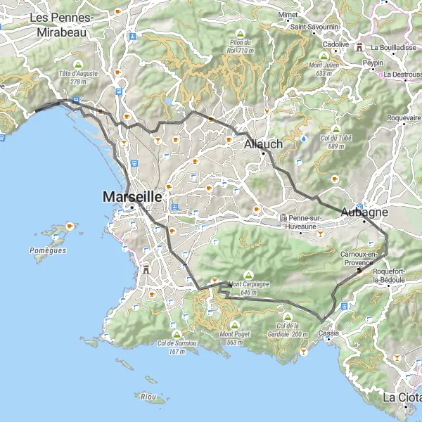 Karttaminiaatyyri "Marseille ja ympäristö" pyöräilyinspiraatiosta alueella Provence-Alpes-Côte d’Azur, France. Luotu Tarmacs.app pyöräilyreittisuunnittelijalla