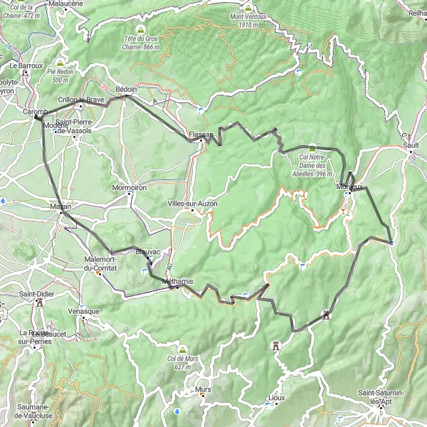 Miniaturní mapa "Okruh kolem Caromb" inspirace pro cyklisty v oblasti Provence-Alpes-Côte d’Azur, France. Vytvořeno pomocí plánovače tras Tarmacs.app