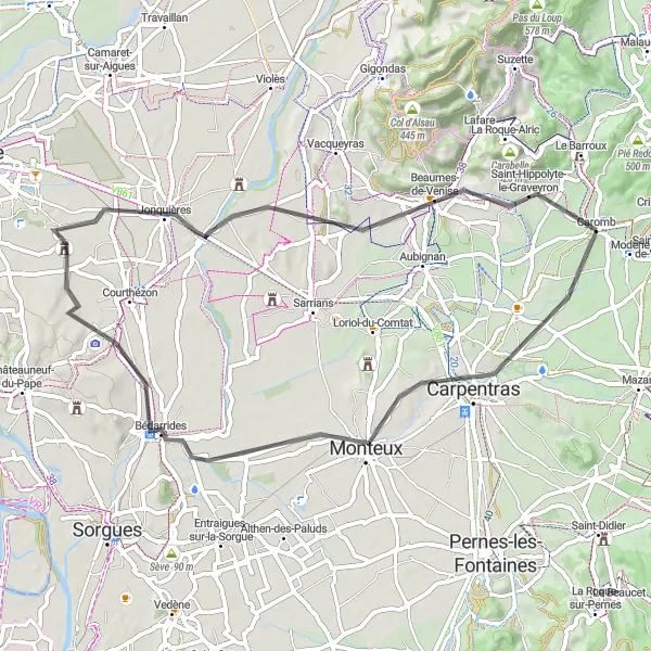 Zemljevid v pomanjšavi "Uživanje na cestni kolesarski poti blizu Caromba" kolesarske inspiracije v Provence-Alpes-Côte d’Azur, France. Generirano z načrtovalcem kolesarskih poti Tarmacs.app