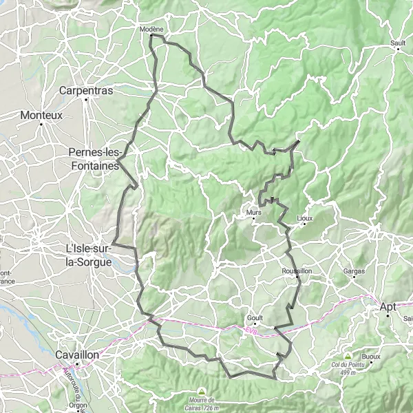 Mapa miniatúra "Kráľovská cesta cez Lavandové polia a La Roque-sur-Pernes" cyklistická inšpirácia v Provence-Alpes-Côte d’Azur, France. Vygenerované cyklistickým plánovačom trás Tarmacs.app