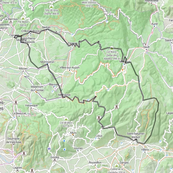 Miniaturekort af cykelinspirationen "Udfordrende cykeltur fra Caromb til Saint-Pierre-de-Vassols" i Provence-Alpes-Côte d’Azur, France. Genereret af Tarmacs.app cykelruteplanlægger