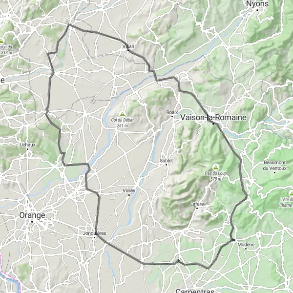 Miniatua del mapa de inspiración ciclista "Ruta Escapada por Aubignan y sus Alrededores" en Provence-Alpes-Côte d’Azur, France. Generado por Tarmacs.app planificador de rutas ciclistas