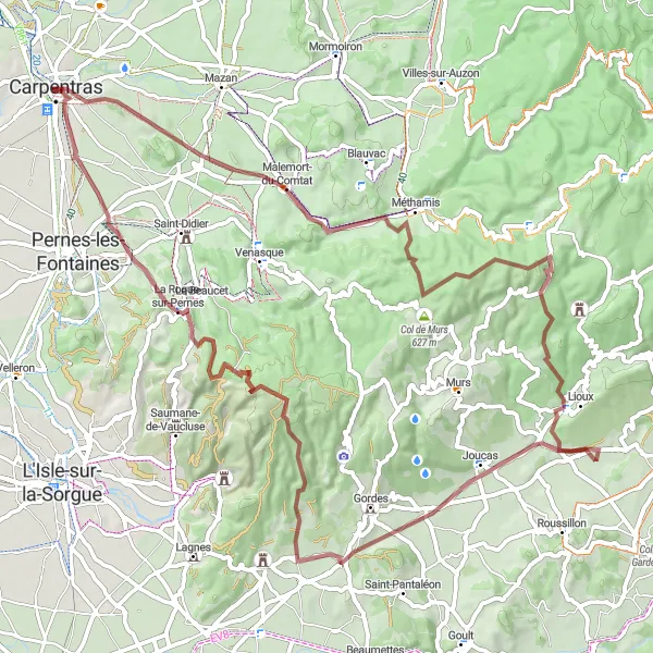 Miniatua del mapa de inspiración ciclista "Ruta de Grava alrededor de Carpentras" en Provence-Alpes-Côte d’Azur, France. Generado por Tarmacs.app planificador de rutas ciclistas