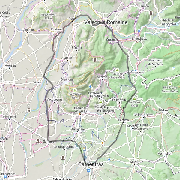 Kartminiatyr av "Runt Carpentras via Crestet och Cheval" cykelinspiration i Provence-Alpes-Côte d’Azur, France. Genererad av Tarmacs.app cykelruttplanerare