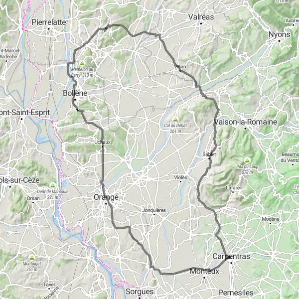 Miniatuurkaart van de fietsinspiratie "Fietsroute van Carpentras via Orange naar Visan en Sablet" in Provence-Alpes-Côte d’Azur, France. Gemaakt door de Tarmacs.app fietsrouteplanner