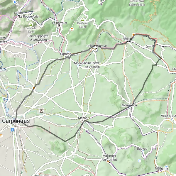 Miniaturní mapa "Okružní cesta Carpentras - Caromb" inspirace pro cyklisty v oblasti Provence-Alpes-Côte d’Azur, France. Vytvořeno pomocí plánovače tras Tarmacs.app