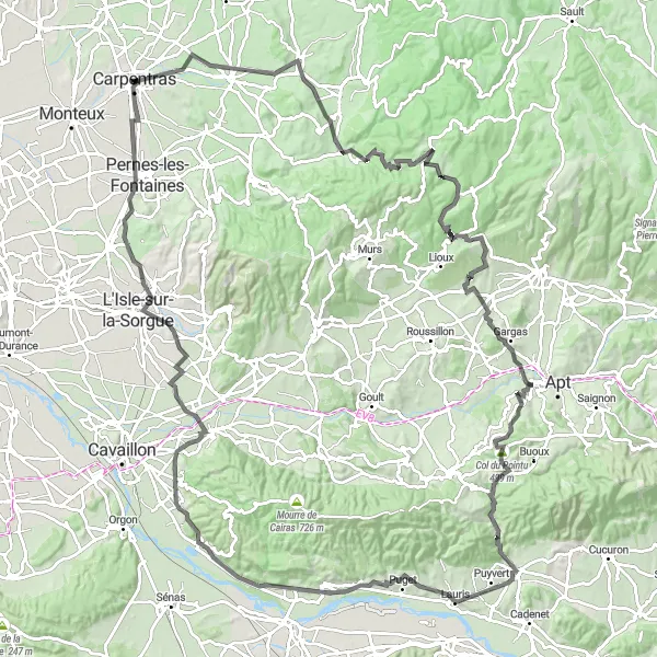 Miniaturní mapa "Trasa okolo Carpentras s mnoha hradními návštěvami" inspirace pro cyklisty v oblasti Provence-Alpes-Côte d’Azur, France. Vytvořeno pomocí plánovače tras Tarmacs.app